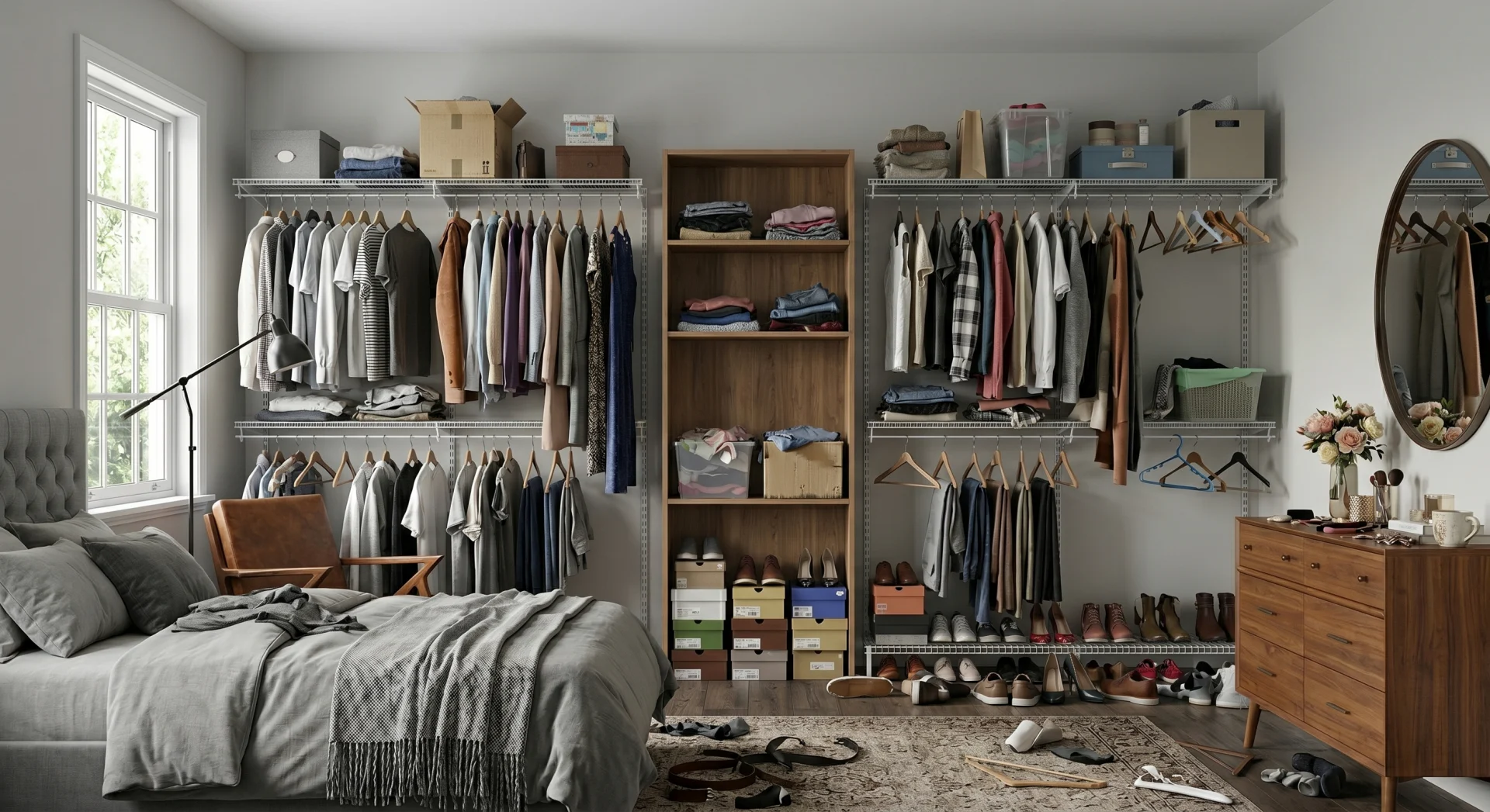 Cluttered closet before a CSD Closets custom renovation